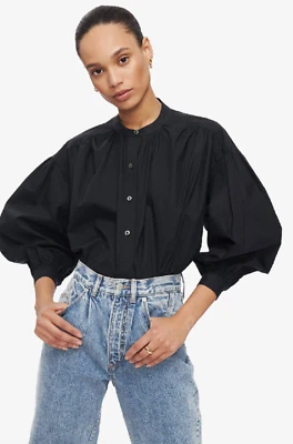 ANINE BING - Black 100% Cotton Eden Puff Sleeve Shirt Top Blouse - Women's XS 🔥