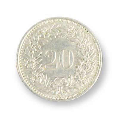 1961 B Switzerland 20 Rappen Coin KM-29 Nickel Confoederatio