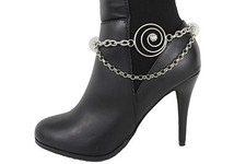 Women Silver Metal Chain Boot Bracelet High Heel Shoe Circle Charm Swirl Bling