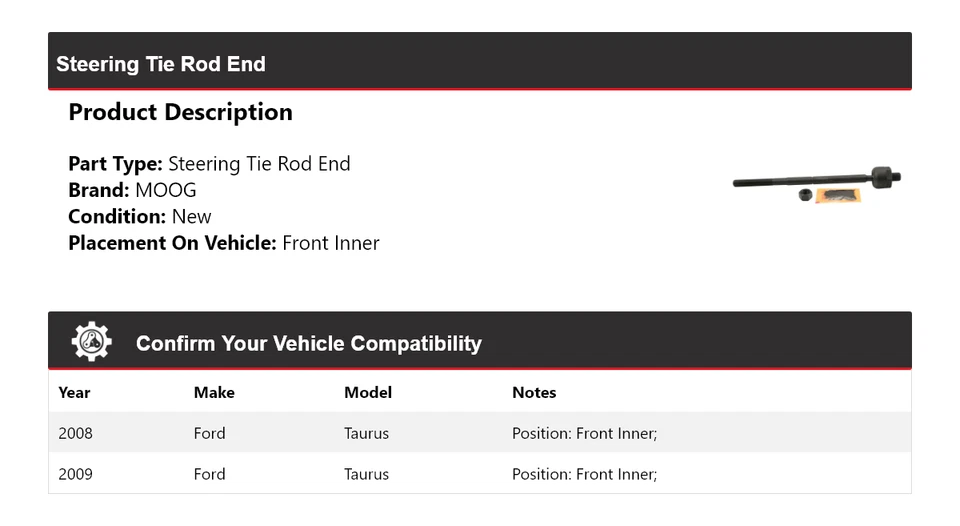 Barra de amarre de dirección delantera interior MOOG para Ford Taurus 2008-2009 Foto 2 de 4