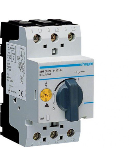 Disjoncteur moteur IEC 947 HAGER MM501N calibre de 0.1 à 0.16A triphasé