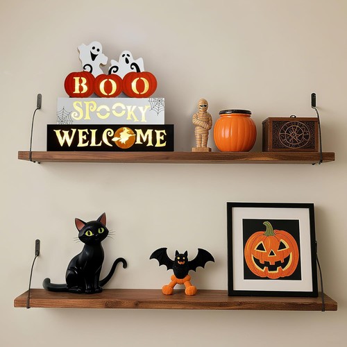 9.4in Halloween Wooden Block Set Glowing 3D Letters Rustic Farmhouse Decor - Picture 6 of 7