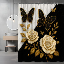 Elegant Black and Gold Floral Shower Curtain with Butterflies