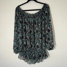 Pure Energy Off Shoulder Blouse Teal Brown Black Abstract Geometric Sheer Large