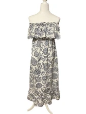 ⛵️Moda International Linen/Cotton Strapless Maxi Dress White Blue Med EUC! ⛵️