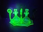 Cambridge Uranium Glass Vaseline Cruets Set Glass Decanter Spoon Antique  — photo 4