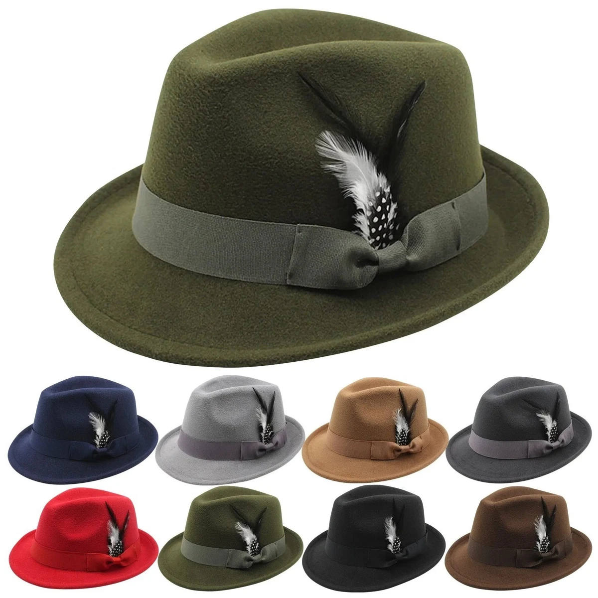 Clásico Sombreros Fedora para Hombres Mujeres Ala Corta Fieltro Pluma Sombrero Panamá Vestido Sombrero