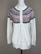 T By Talbots Modern Fair Isle Snap Sweater Sz M White Thermolite Wool