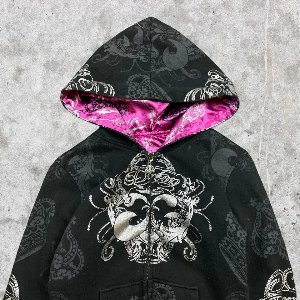 Sudadera con capucha reversible para mujer Y2K Dereon rosa satinado cremallera Foto 2 de 4