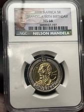 Ms- 66 2008 South Africa 5 Rand 5R Nelson Mandela 90th Birthday Coin NGC MS65