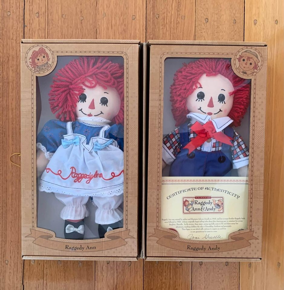 RAGGEDY ANN & ANDY DOLLS - NEW IN BOX WITH CERTIFICATE OF