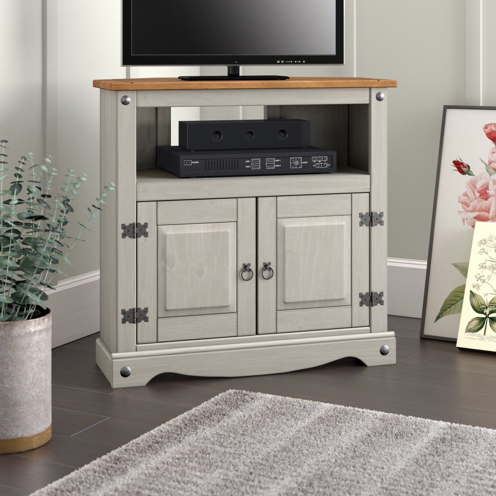 Corona TV Stand Grey Corner Television Unit Mexican Solid Pine Wax eBay