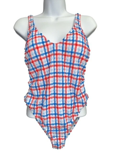 Dillard's GB Medium Swimsuit Skort Seersucker Red White Blue Americana Open Side - Image 4 of 4