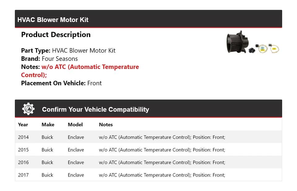 Kit de motor soplador delantero 4 estaciones 2015 2016 para Buick Enclave 2014-2017 Foto 2 de 3