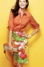 Talbots 100 Cotton Yellow Pink Green Floral Pencil skirt Sz 2