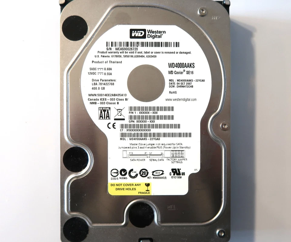 WD WD4000AAKS-22YGA0 DHRNHT2CHB (WCAS) Thailand 400gb 3.5" Sata HDD 0CT-2007 - Image 2 of 2