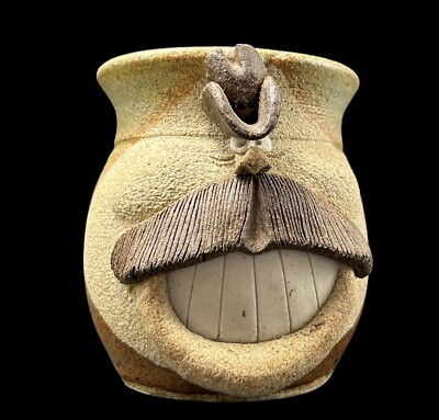 Vintage Cowboy Ugly Funny 3D Face Coffee Cup Stoneware Mustache Big Teeth 4'' EUC