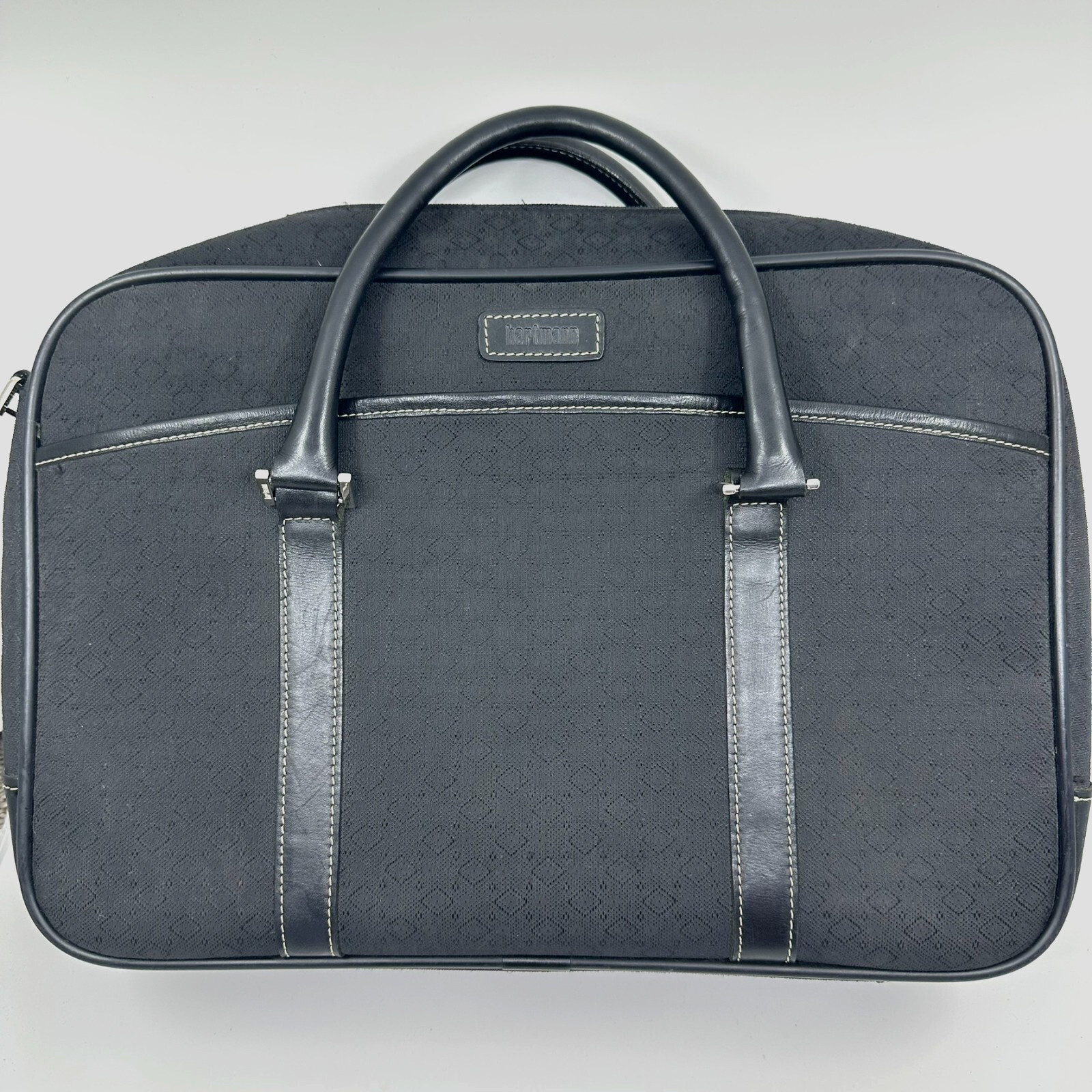 Hartmann Black Monogram Laptop Briefcase Bag Leather Trim Carry On Messenger Bag