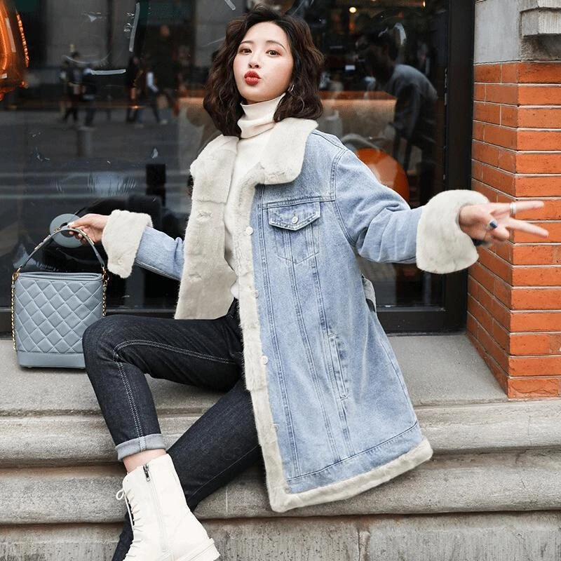 Women Faux Fur Lined Denim Jacket Midi Tie Belt Thicken Jean Coat Outwear  Winter