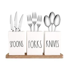 Farmhouse Silverware Holder Rustic Wood Silverware Caddy with Tray Spoon Fork...