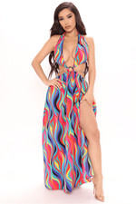 Fashion Nova Women’s Multicolored Swirl Pattern Designer Gold Chain Backless Tie