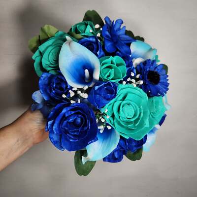Aqua Royal Blue Rose Calla Lily Real Touch Bridal Wedding Bouquet Accessories