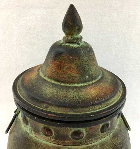 Vase Urn Pot 11" Metal Faux Copper Patina Look Chain Attached Lid Footed Handles - Picture 8 of 15
