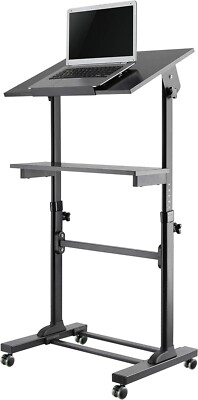 Rolling Laptop Cart Mobile Computer Workstation Sit Stand Adjustable Desk