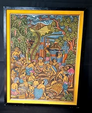 BALI Balinese Naive Art Board Rooster Fighting Scene XXe N°1