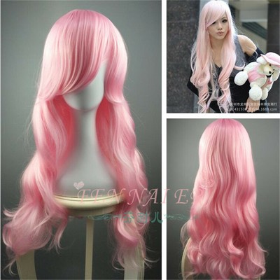Fashion Pink Wave Cosplay Wig Women Long Hair Wigs Sexy Play Silky