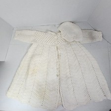 Vintage Hand Crocheted Baby Dress Gown  Diaper Cap Infant Girl Cream