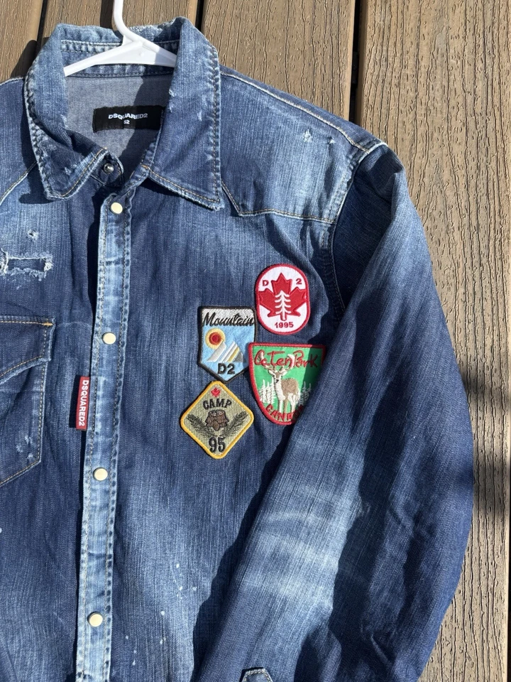 Dsquared2 Men's Long Sleeve Denim Shirt Size 52 (L) Distressed Blue Pearl Snap - Image 4 of 4
