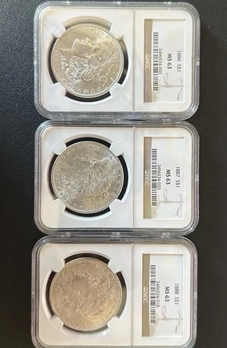 1886, 1887, 1888 MORGAN SILVER DOLLARS - NGC MS 63 ~BEAUTIFUL COINS~ Lot Of 3