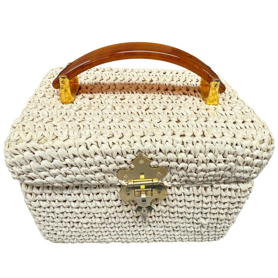 Bolso de Colección Años 60 Rosenfeld para Italia Caja Monedero Ámbar Lucite Mango Marfil Rafia Foto 2 de 4
