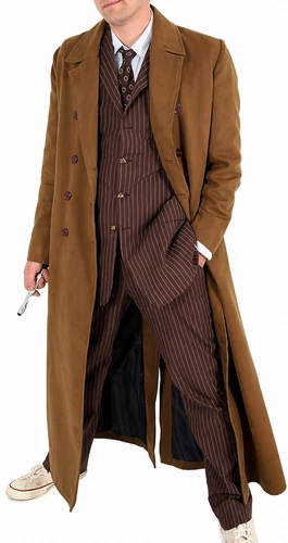 Men's Who Brown Cotton 10th Dr. Doctor Gabardine Time Traveler Long Trench Coat - product listing photo