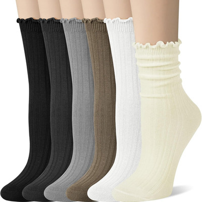 6 Pairs Womens Ruffle Socks Cute Frilly Cotton Turn Cuff Casual Crew Slouchy Soc
