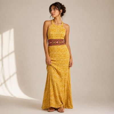 Prana Skye Maxi Dress Womens M Yellow Paisley Halter Built-in Bra Granola Boho