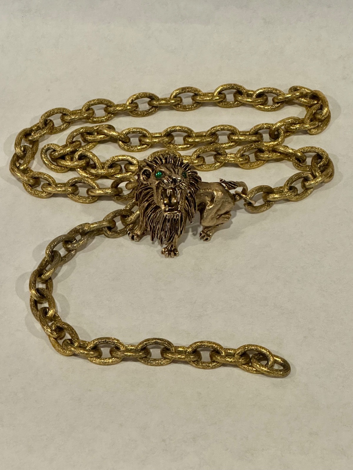 Vintage Hattie Carnegie Gold Tone Lion Green Rhinestone Eyes Necklace Chain Belt image 5