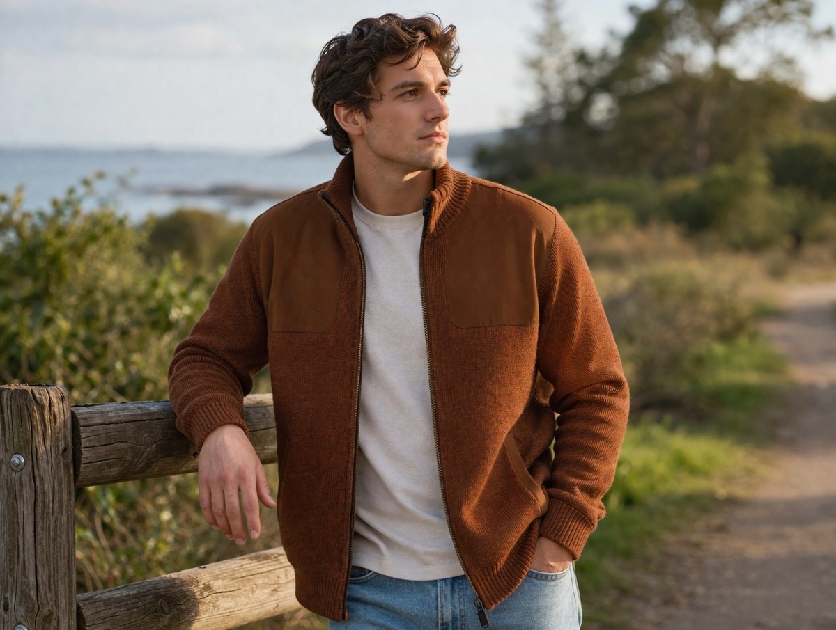 Orvis 100% Wool Full Zip Jacket Lined Suede Shoulder Patches Rust 