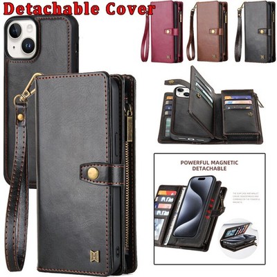 For iPhone 15 14 13 12 11 Pro Max 8 7+ X Zip Wallet Leather Case Removable Cover