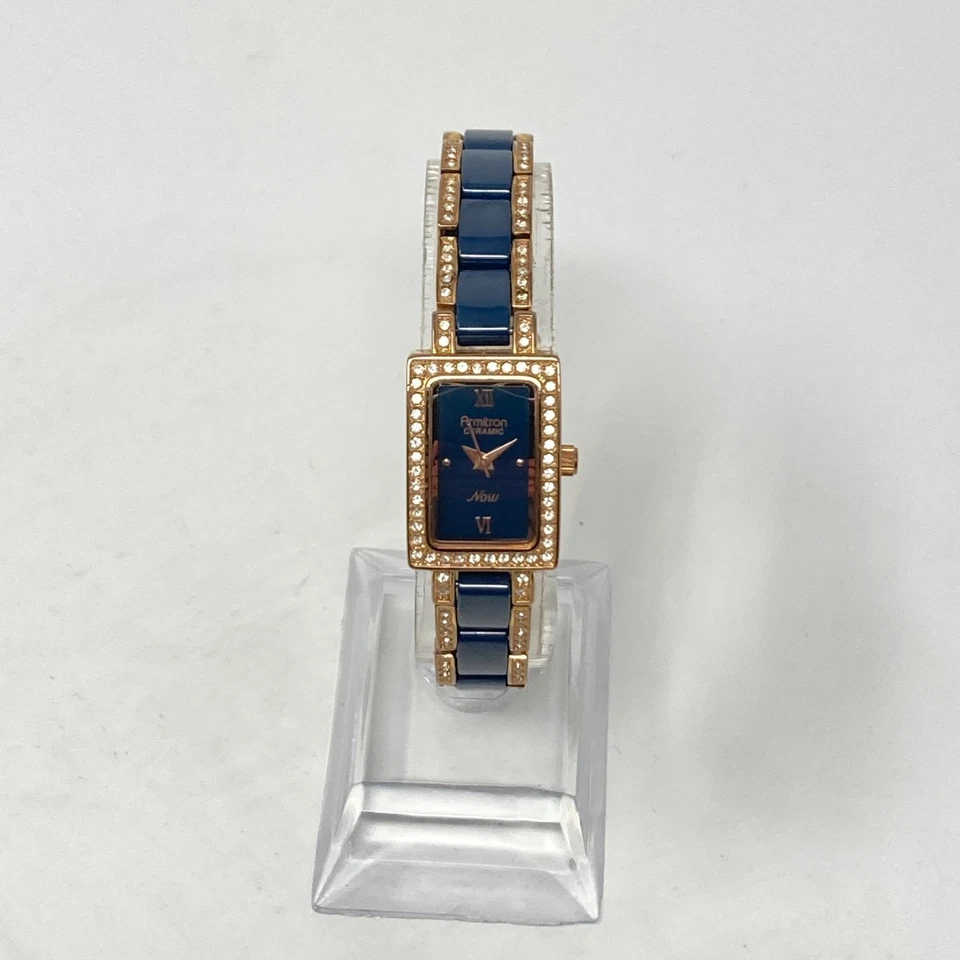 Armitron Tank Watch Women 17mm Rose Gold Tone Navy Ceramic Bling New Batt 6.75" - Image 4 of 4