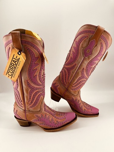 Corral Ladies Pink Overlay Fluorescent Embroidery Western Boots Sz 7 1/2 C3970