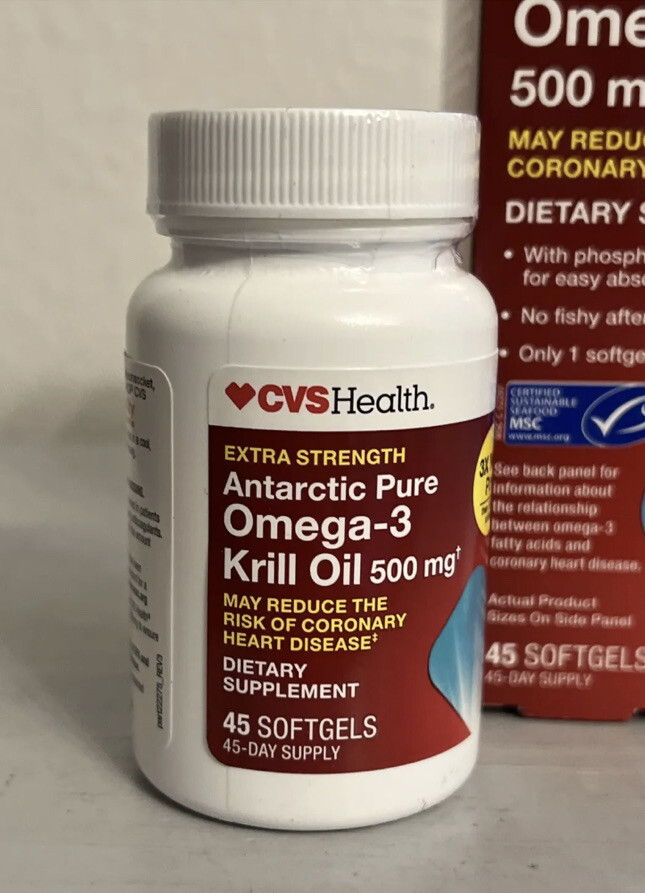 Krill oil ex strength 500 mg 45 softgels 4/25 omega 3 sealed bottle CVS health