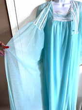 Vintage Blue Sheer Peignoir Robe Nightgown Negligee Lace Housecoat Dressing Gown
