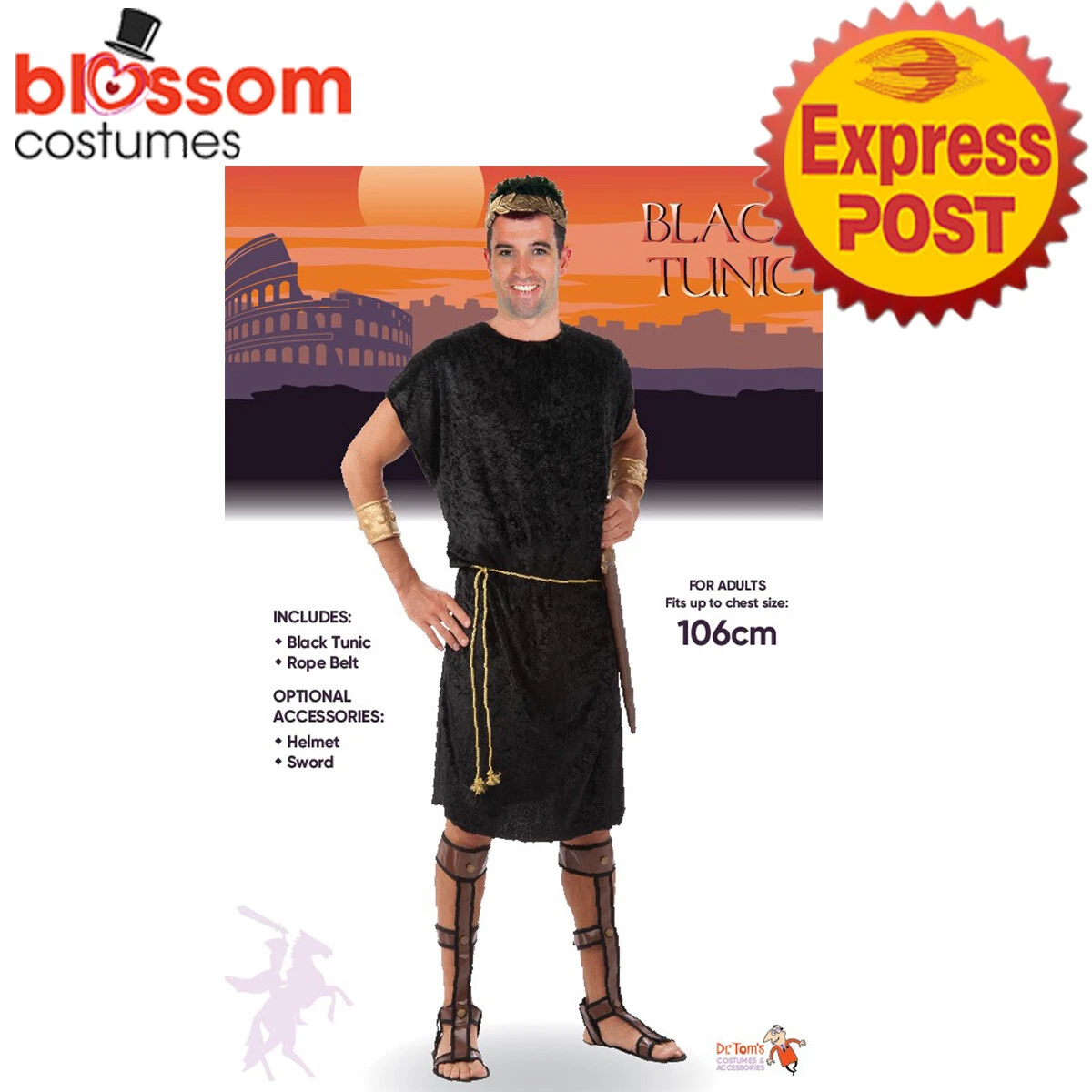 CA1897 Black Tunic Caesar Toga Greek Roman Fancy Dress Costume