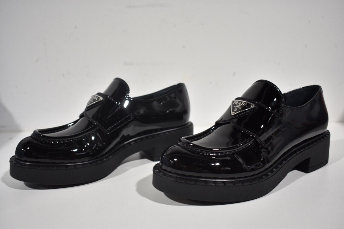 Prada Black Leather Slip-On Loafers with Silver Metal Bit PRADA Metal Enameled Triangle Leather Platform Loafers Black  main image 3