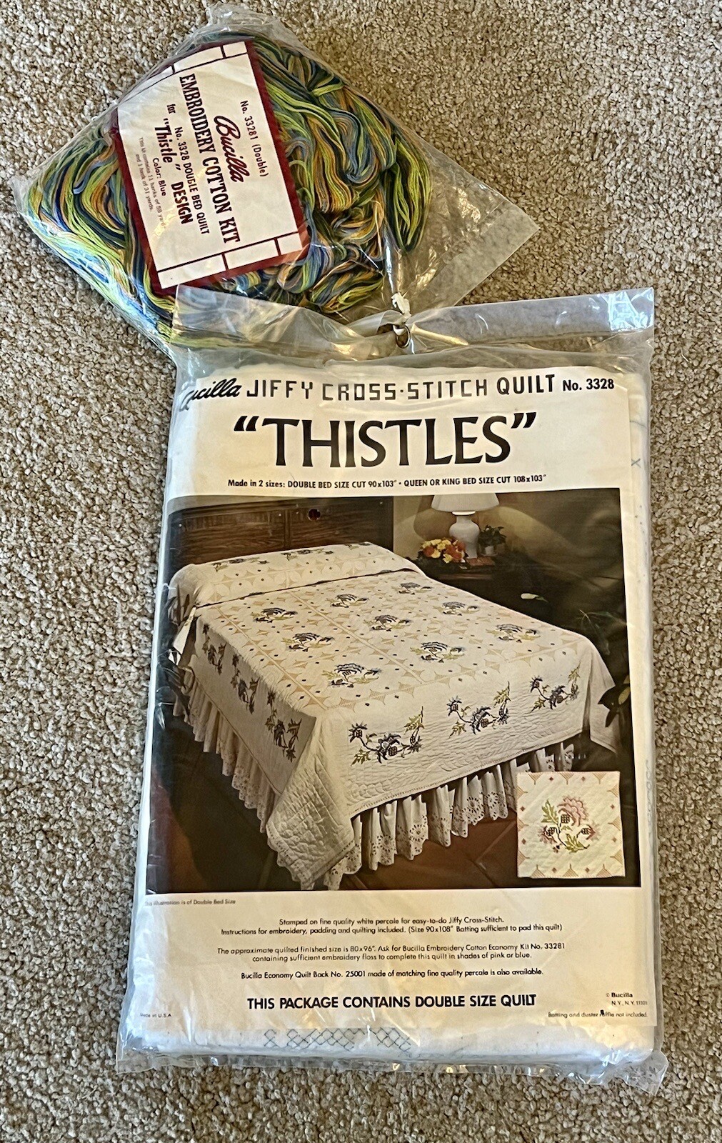 Bucilla Jiffy Cross Stitch Quilt Kit Thistles 3328 + Thread Double Size