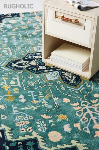 Hand Tufted Woolen Rug ANTHRO MARIBELLE TURQUOISE SILK Carpet for Living Room - Picture 5 of 6