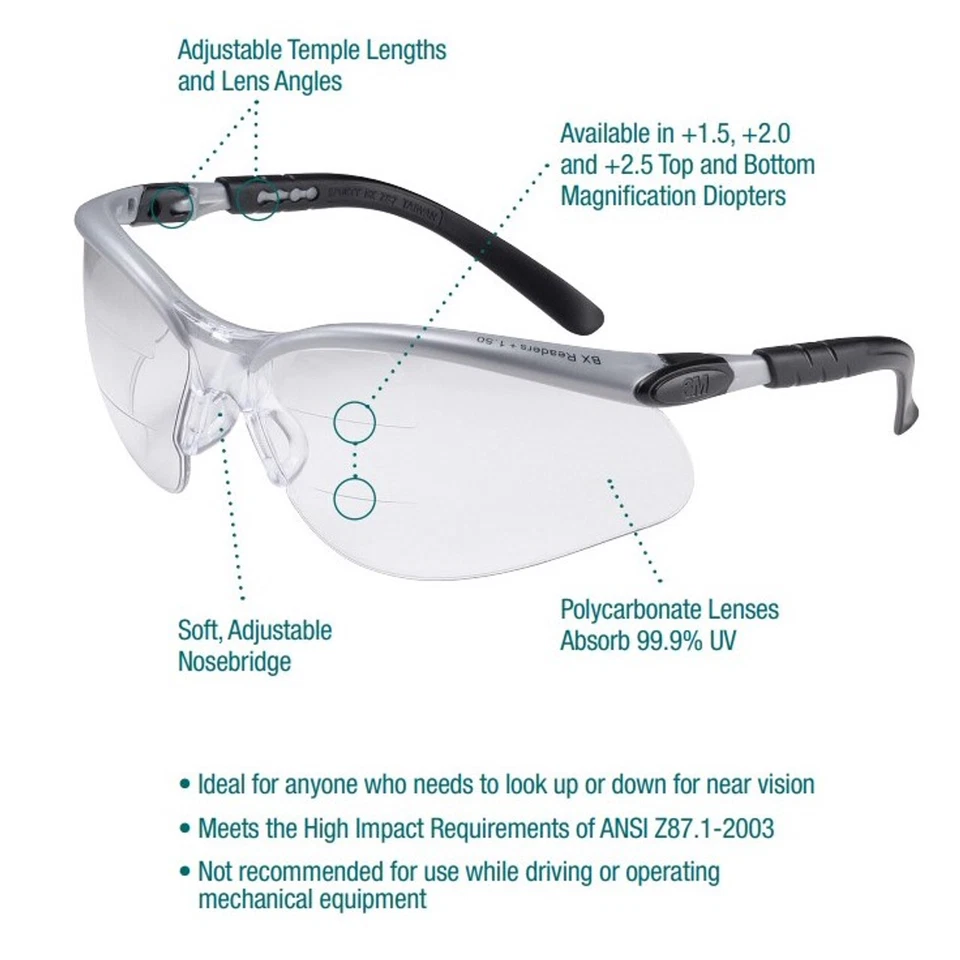 Gafas de seguridad 3M BiFocal Lectores transparentes antiniebla gafas protectoras UV ANSI Z87+ Foto 2 de 4