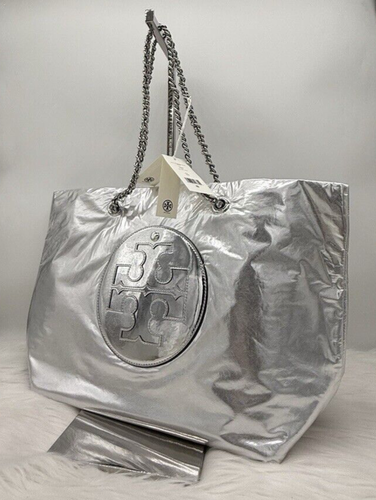 AUTH NWT TORY BURCH ELLA Logo Chain Metallic Soft Nylon Tote Shopper In Silver - Picture 8 of 15
